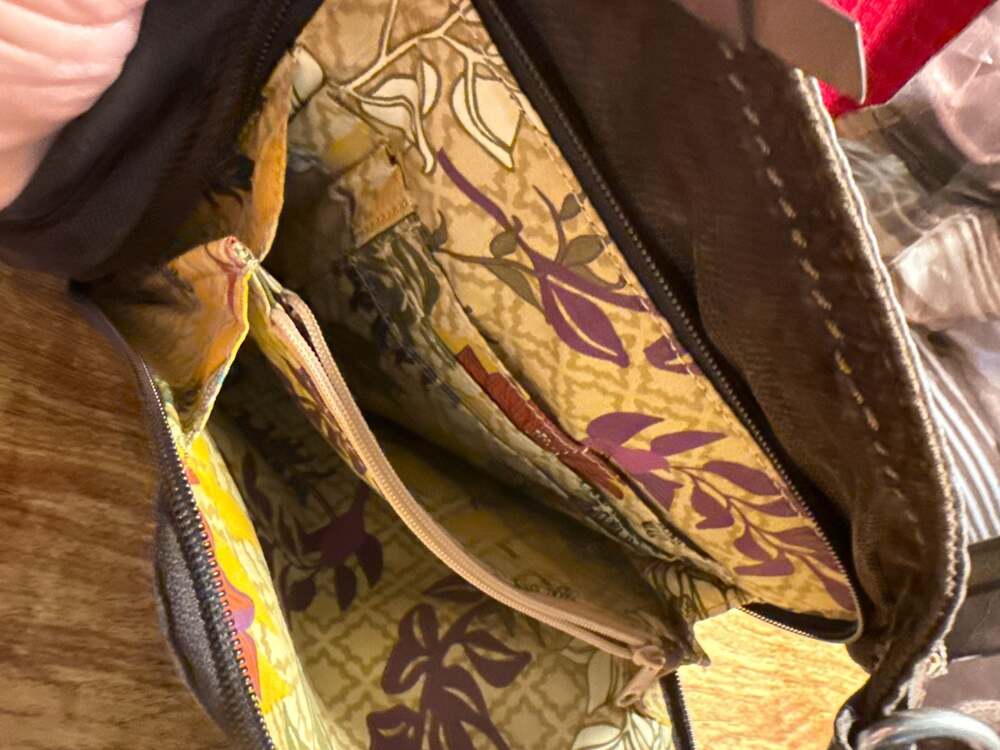 Fossil Brown Canvas and Corduroy Crossbody Bag with Floral Lining - Picture 3 of 5